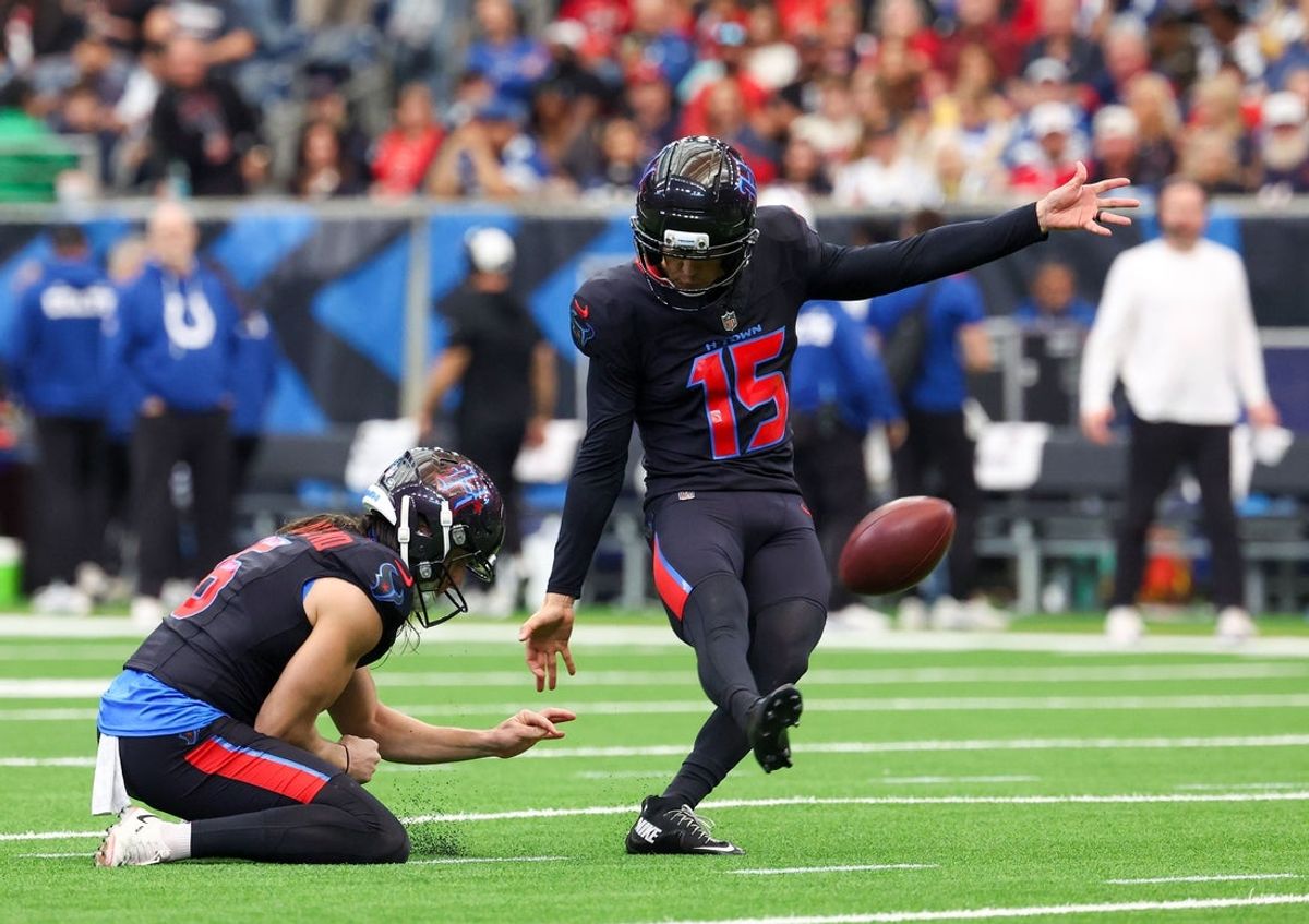 Jan 4, 2026; Houston, Texas, USA; Houston Texans place kicker Ka'imi Fairbairn (15) kicks a field goal against the Indianapolis Colts in the second half half at NRG Stadium. Mandatory Credit: Thomas Shea-Imagn Images
