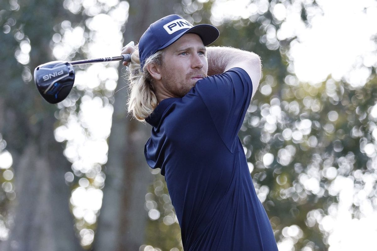 Jan 10, 2026; Lecanto, Florida, United States; Travis Smyth hits from the first tee during the third round of the LIV Golf Black Diamond Ranch golf tournament at Black Diamond Ranch. Mandatory Credit: Jeff Swinger-Imagn Images