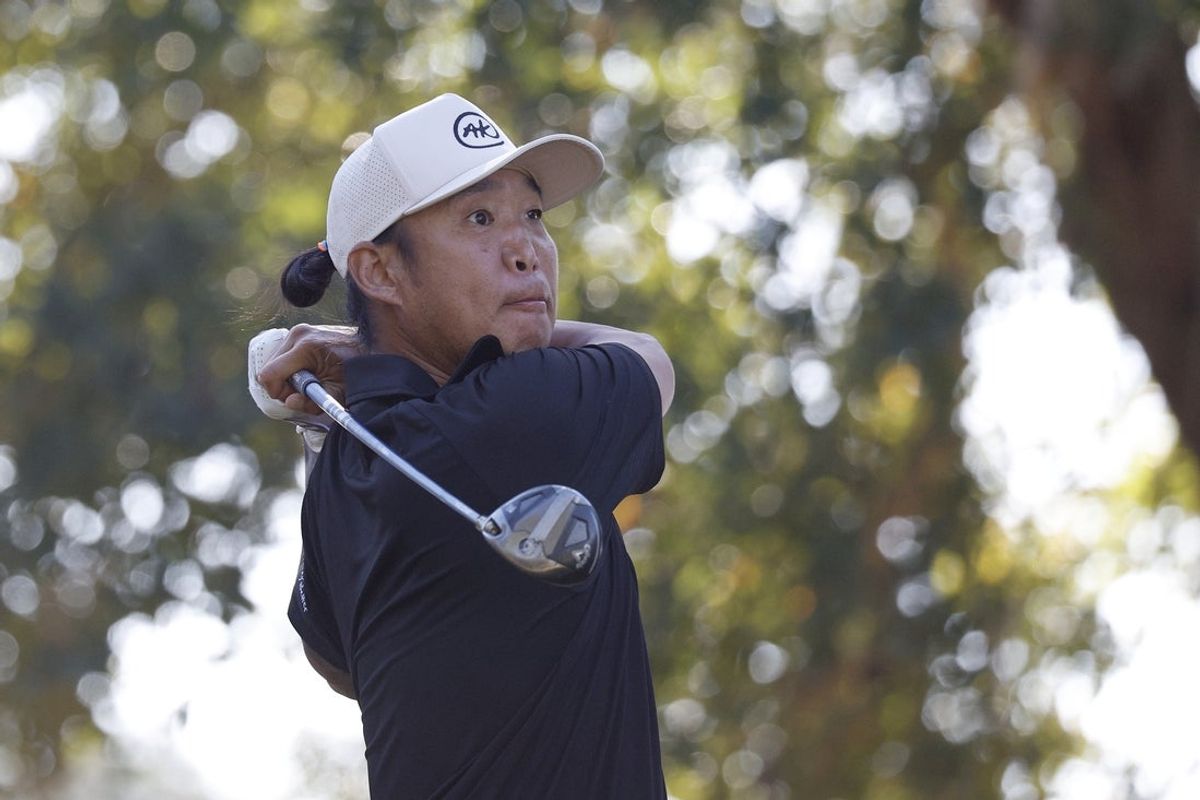 Jan 10, 2026; Lecanto, Florida, United States; Anthony Kim hits from the first tee during the third round of the LIV Golf Black Diamond Ranch golf tournament at Black Diamond Ranch. Mandatory Credit: Jeff Swinger-Imagn Images