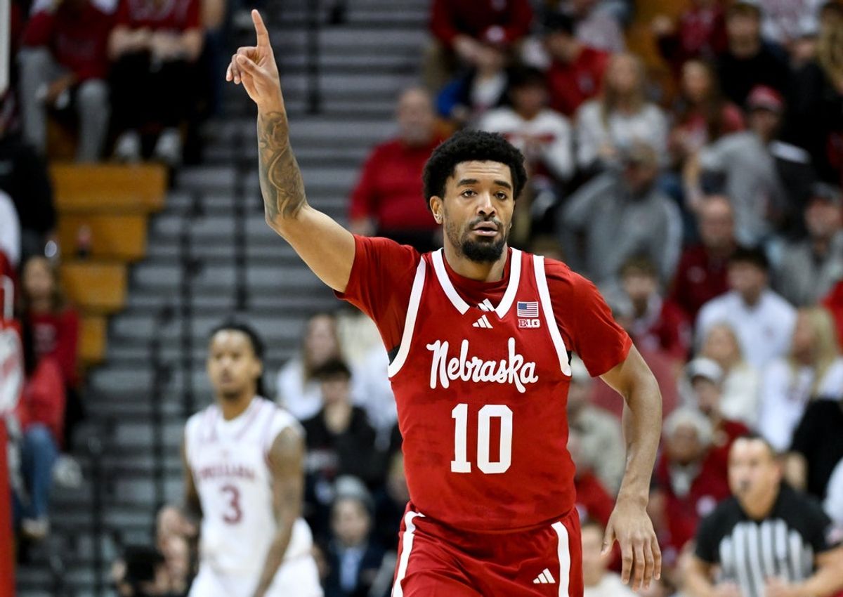 Jan 10, 2026; Bloomington, Indiana, USA; Nebraska Cornhuskers guard Jamarques Lawrence (10) celebrates after a play against the Indiana Hoosiers during the first half at Simon Skjodt Assembly Hall. Mandatory Credit: Robert Goddin-Imagn Images