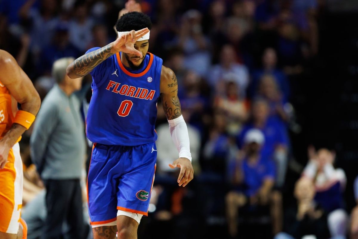 Jan 10, 2026; Gainesville, Florida, USA; Florida Gators guard Boogie Fland (0) gestures after making a three point basket against the Tennessee Volunteers during the first half at Exactech Arena at the Stephen C. O'Connell Center. Mandatory Credit: Matt Pendleton-Imagn Images