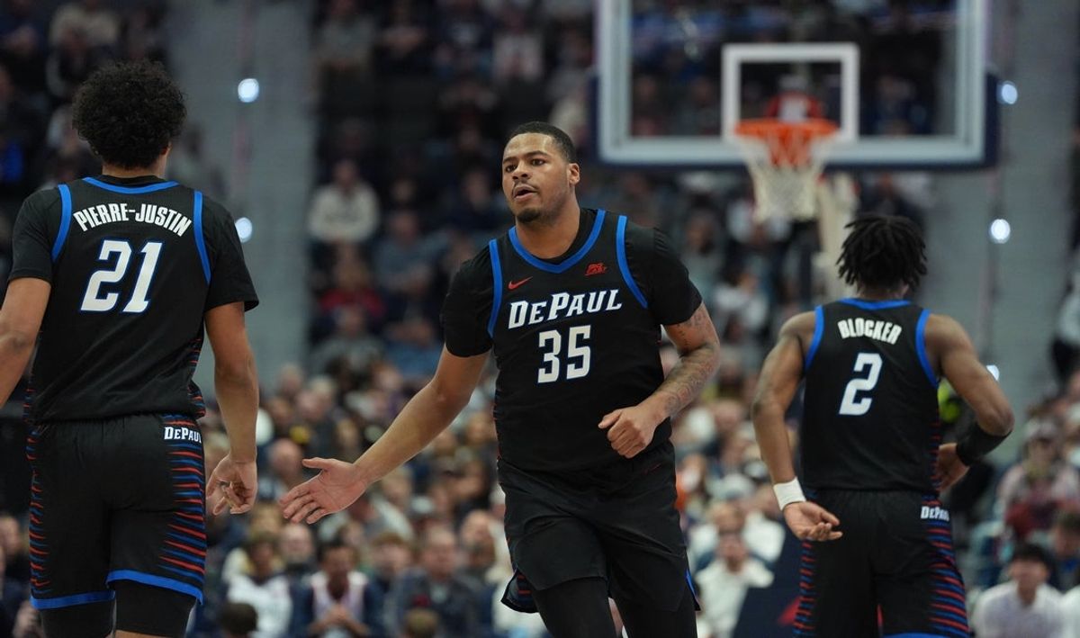 Jan 10, 2026; Hartford, Connecticut, USA; DePaul Blue Demons forward Nj Benson (35) reacts after his basket against the UConn Huskies in the first half at PeoplesBank Arena. Mandatory Credit: David Butler II-Imagn Images