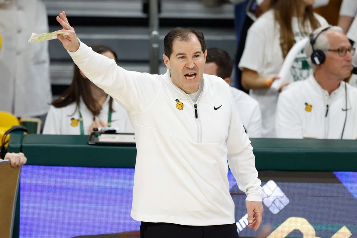 Jan 10, 2026; Waco, Texas, USA; Baylor Bears head coach Scott Drew reacts on the sideline during the first half against the Houston Cougars at Paul and Alejandra Foster Pavilion. Mandatory Credit: Chris Jones-Imagn Images