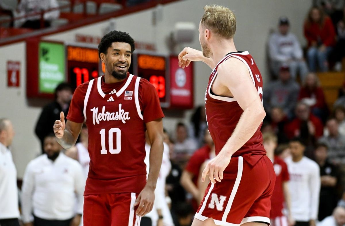 Jan 10, 2026; Bloomington, Indiana, USA; Nebraska Cornhuskers guard Jamarques Lawrence (10) and Nebraska Cornhuskers forward Rienk Mast (51) celebrate after defeating the Indiana Hoosiers at Simon Skjodt Assembly Hall. Mandatory Credit: Robert Goddin-Imagn Images