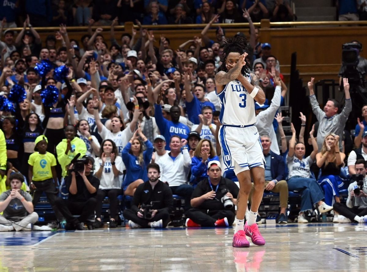 Jan 10, 2026; Durham, North Carolina, USA; Duke Blue Devils forward Isaiah Evans (3)n reacts after hitting a three-pointer during the second half against the Southern Methodist Mustangs at Cameron Indoor Stadium. Mandatory Credit: Rob Kinnan-Imagn Images