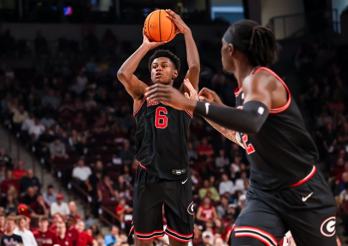 Jan 10, 2026; Columbia, South Carolina, USA; Georgia Bulldogs forward Kanon Catchings (6) shoots against the South Carolina Gamecocks in the second half at Colonial Life Arena. Mandatory Credit: Jeff Blake-Imagn Images