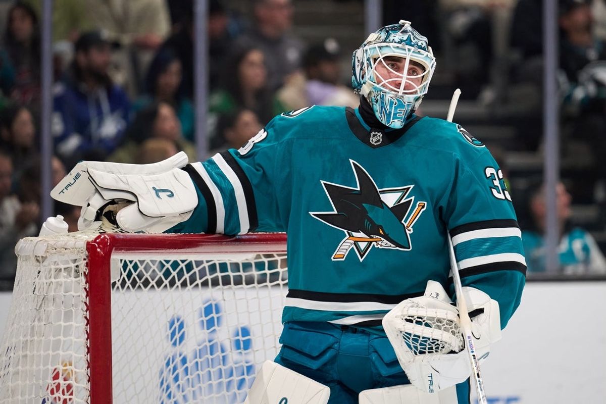 Jan 10, 2026; San Jose, California, USA; San Jose Sharks goalkeeper Alex Nedeljkovic (33) looks on against the Dallas Stars during the first period at SAP Center at San Jose. Mandatory Credit: Robert Edwards-Imagn Images