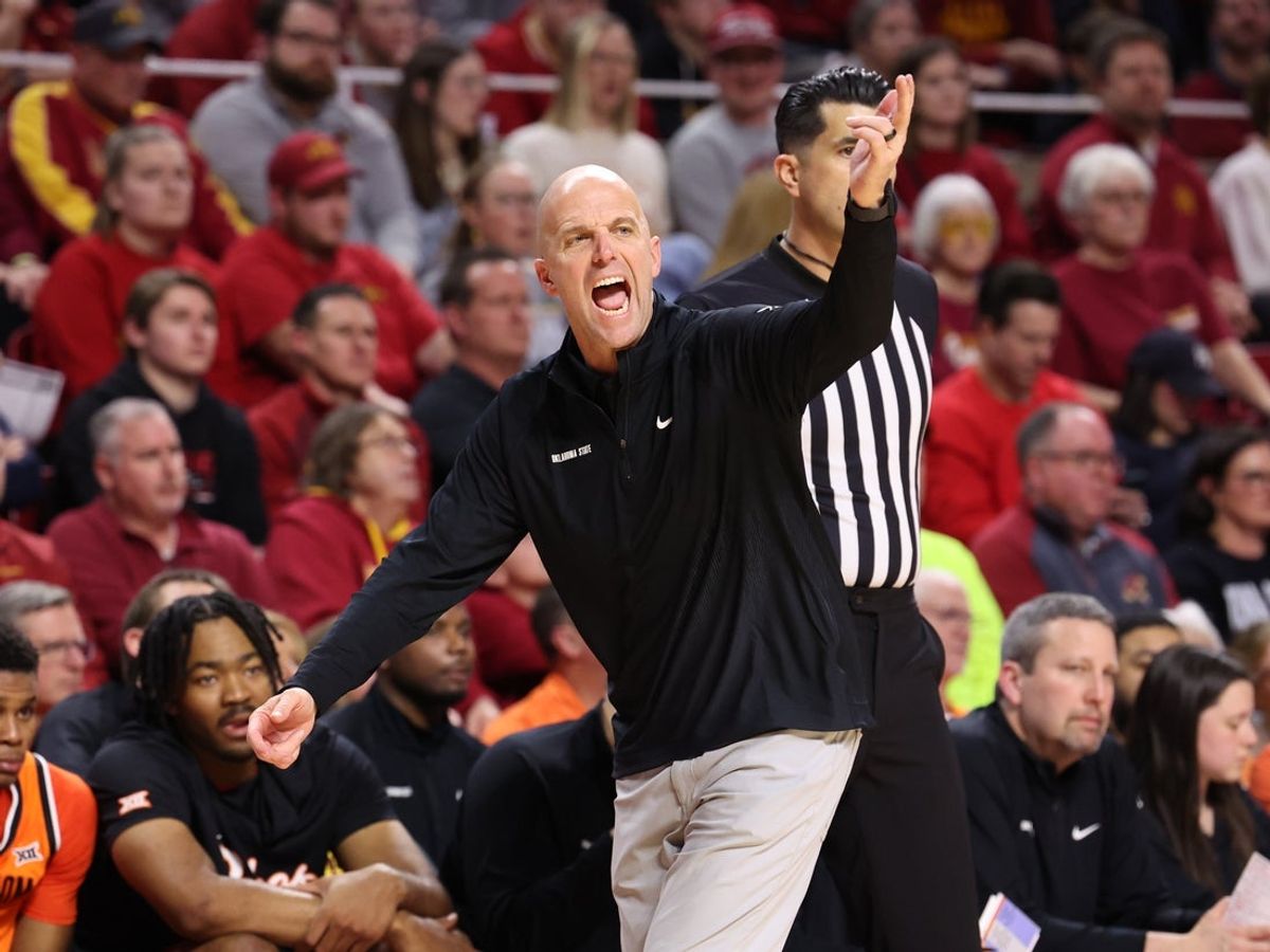 Jan 10, 2026; Ames, Iowa, USA; Oklahoma State Cowboys head coach Steve Lutz watches his team play the Iowa State Cyclones during the second half at James H. Hilton Coliseum. Mandatory Credit: Reese Strickland-Imagn Images