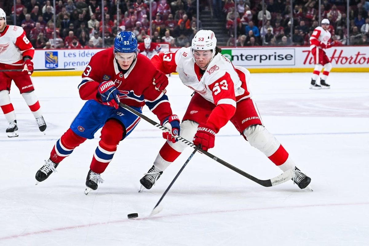 Jan 10, 2026; Montreal, Quebec, CAN; Detroit Red Wings defenseman Moritz Seider (53) defends the puck against Montreal Canadiens right wing Ivan Demidov (93) during the first period at Bell Centre. Mandatory Credit: David Kirouac-Imagn Images
