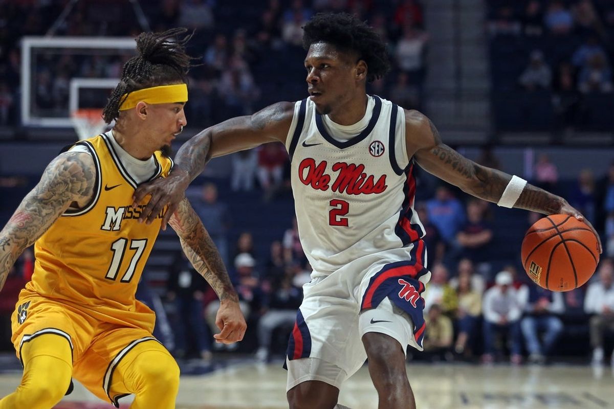 Jan 10, 2026; Oxford, Mississippi, USA; Mississippi Rebels guard AJ Storr (2) dribbles as Missouri Tigers guard Jayden Stone (17) defends during the second half at The Sandy and John Black Pavilion at Ole Miss. Mandatory Credit: Petre Thomas-Imagn Images