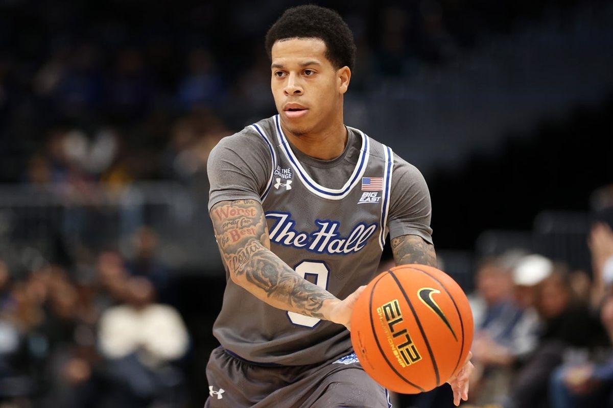 Jan 10, 2026; Washington, District of Columbia, USA; Seton Hall Pirates guard Adam Clark (0) passes the ball during the second half against the Georgetown Hoyas at Capital One Arena. Mandatory Credit: Daniel Kucin Jr.-Imagn Images