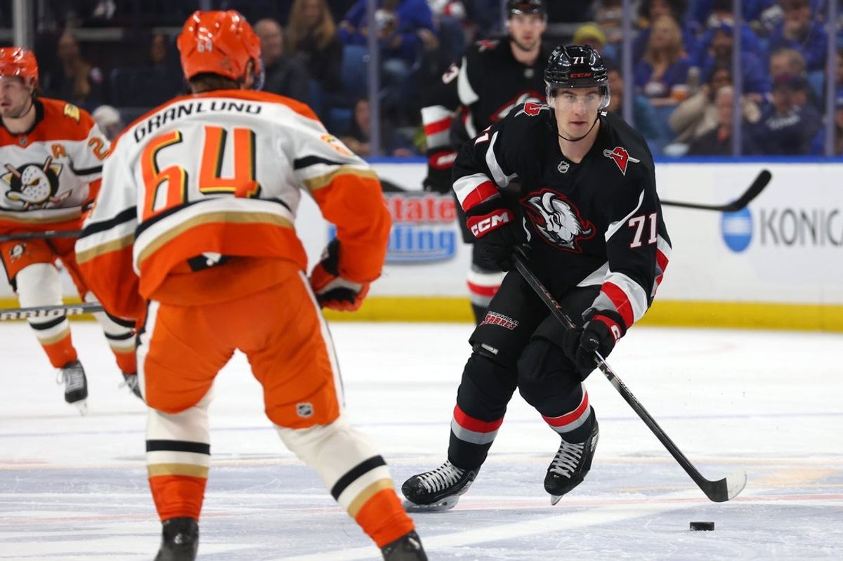 Jan 10, 2026; Buffalo, New York, USA;  Buffalo Sabres center Ryan McLeod (71) skates up ice with the puck during the second period against the Anaheim Ducks at KeyBank Center. Mandatory Credit: Timothy T. Ludwig-Imagn Images