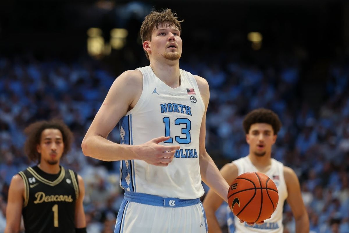 Jan 10, 2026; Chapel Hill, North Carolina, USA; North Carolina Tar Heels center Henri Veesaar (13) prepares for a free throw against the Wake Forest Demon Deacons during the second half at Dean E. Smith Center. Mandatory Credit: Cory Knowlton-Imagn Images