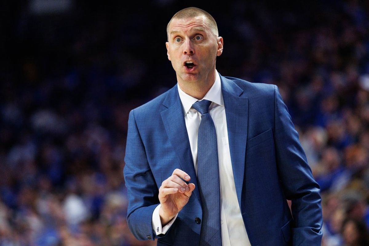 Jan 10, 2026; Lexington, Kentucky, USA; Kentucky Wildcats head coach Mark Pope talks to his players during the first half against the Mississippi State Bulldogs at Rupp Arena at Central Bank Center. Mandatory Credit: Jordan Prather-Imagn Images