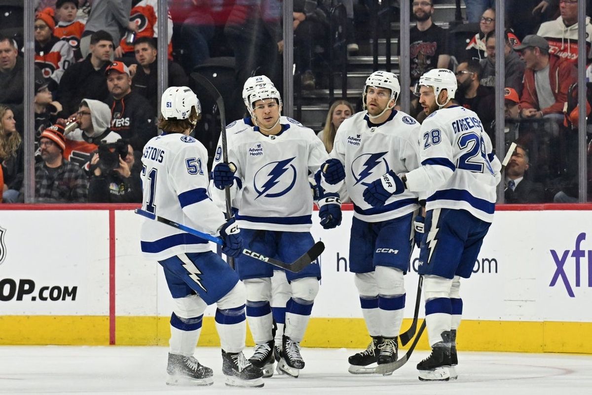Jan 10, 2026; Philadelphia, Pennsylvania, USA; Tampa Bay Lightning center Yanni Gourde (37) celebrates his goal with teammates against the Philadelphia Flyers during the third period at Xfinity Mobile Arena. Mandatory Credit: Eric Hartline-Imagn Images