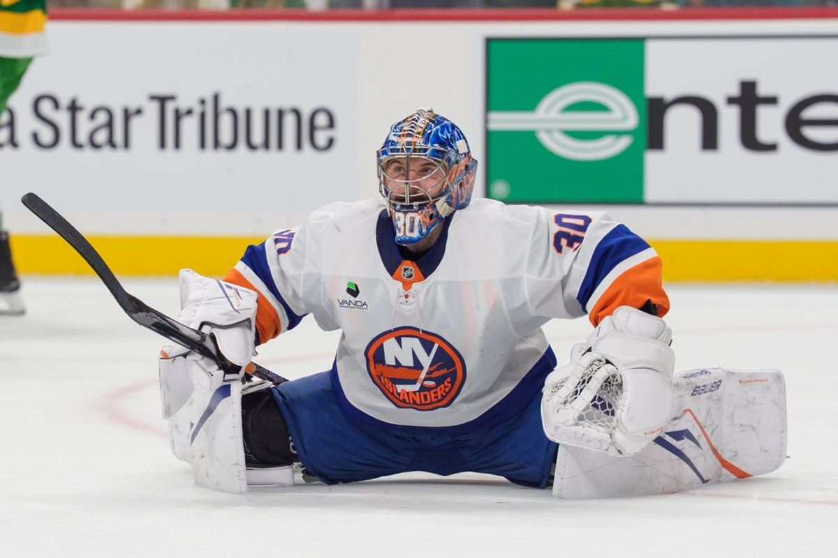 Jan 10, 2026; Saint Paul, Minnesota, USA; New York Islanders goaltender Ilya Sorokin (30) stretches during a pause in the action against the Minnesota Wild in the second period at Grand Casino Arena. Mandatory Credit: Matt Blewett-Imagn Images