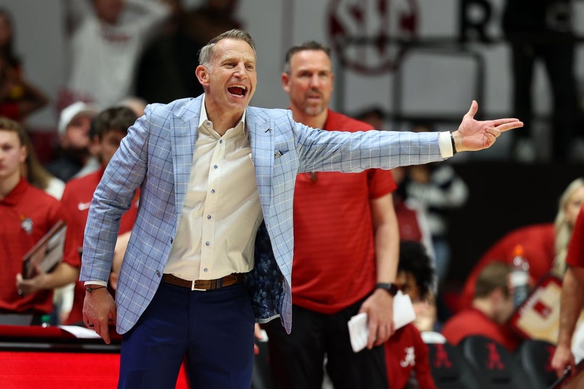 Jan 10, 2026; Tuscaloosa, Alabama, USA; Alabama Crimson Tide head coach Nate Oats reacts during the second half against the Texas Longhorns at Coleman Coliseum. Mandatory Credit: David Leong-Imagn Images
