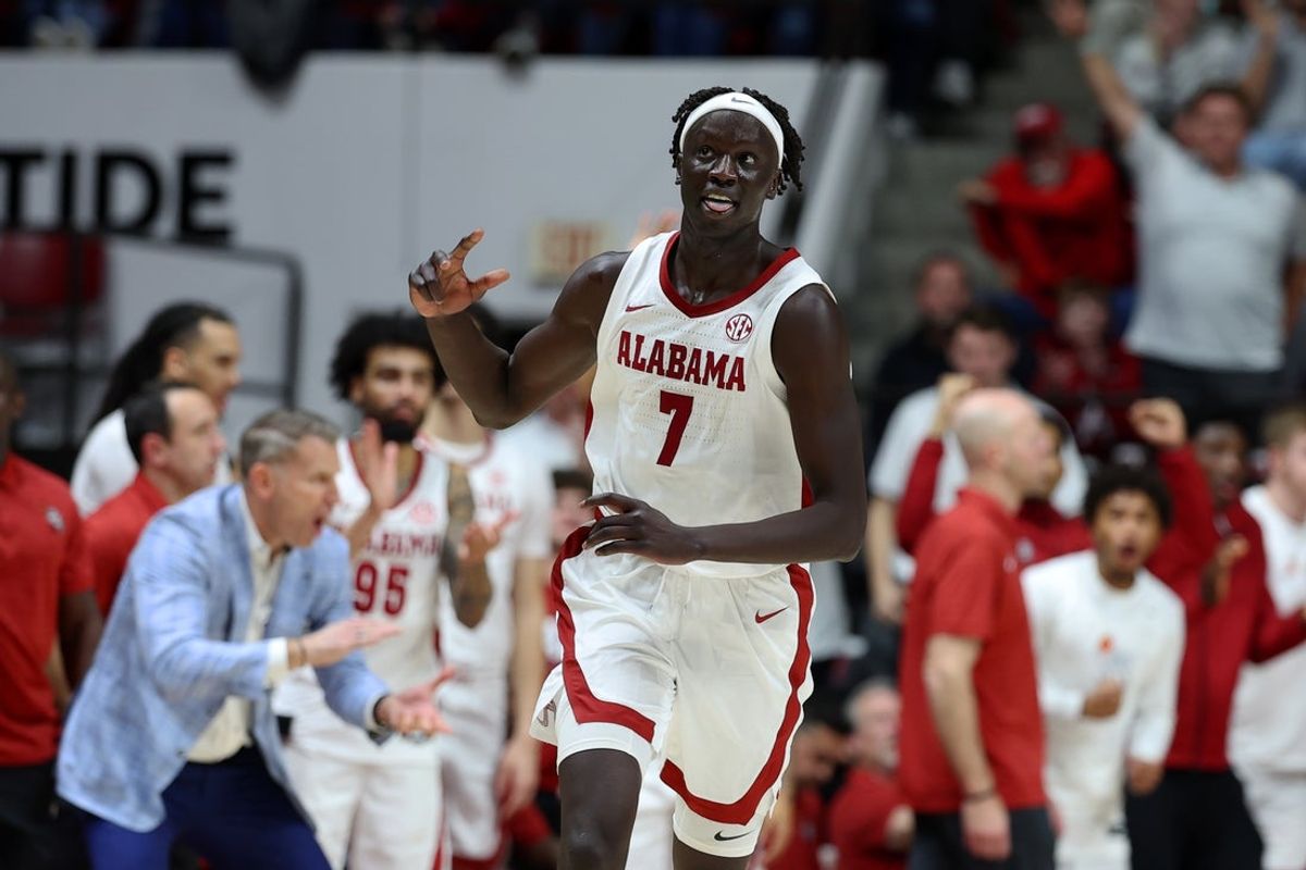 Jan 10, 2026; Tuscaloosa, Alabama, USA; Alabama Crimson Tide forward Taylor Bol Bowen (7) reacts during the second half against the Texas Longhorns at Coleman Coliseum. Mandatory Credit: David Leong-Imagn Images