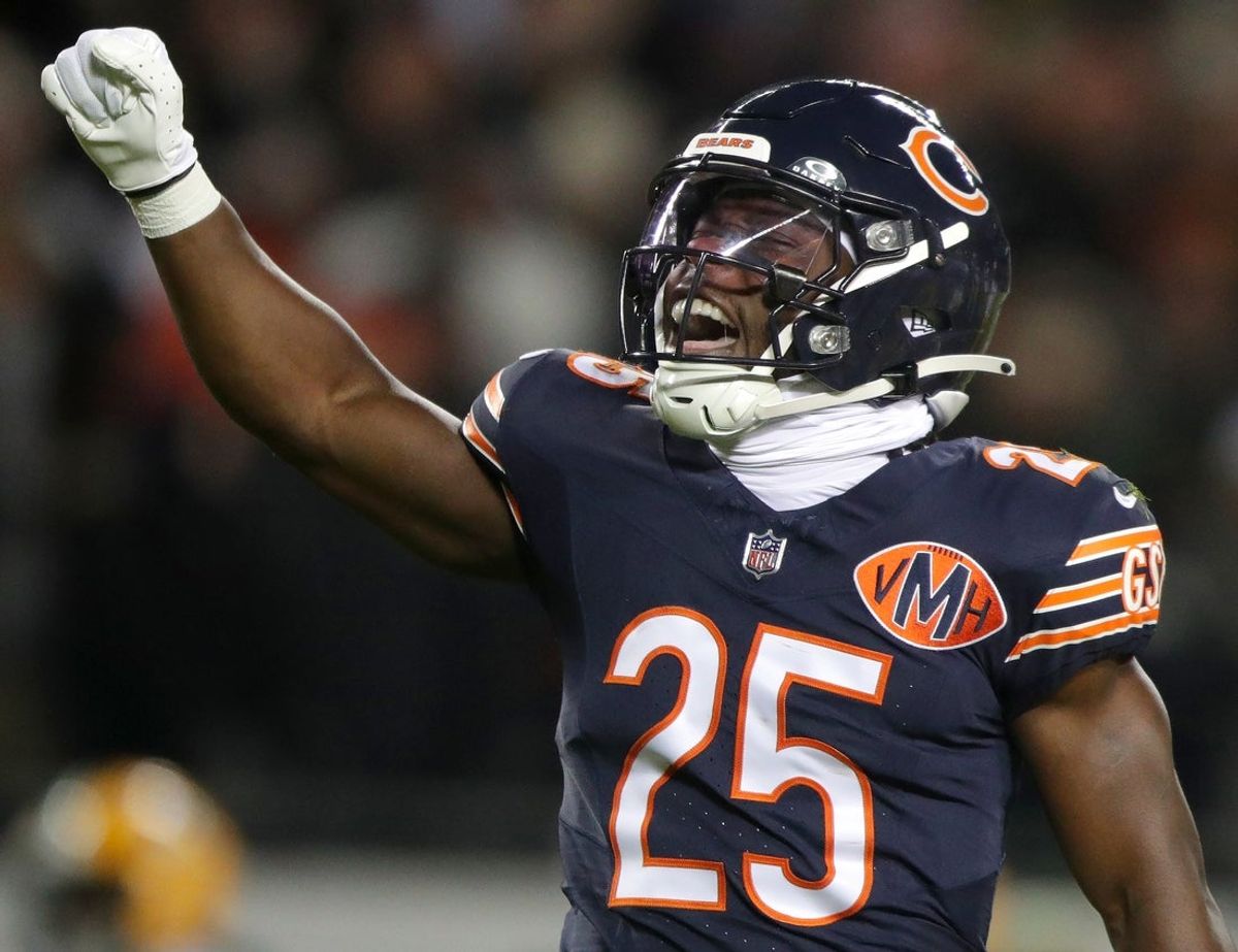 Jan 10, 2026; Chicago, IL, USA; Chicago Bears running back Kyle Monangai (25) against the Green Bay Packers during in an NFC Wild Card Round game at Soldier Field. Mandatory Credit: Wm. Glasheen/USA TODAY Network via Imagn Images
