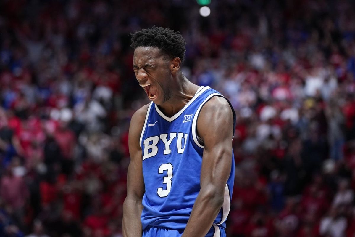 Jan 10, 2026; Salt Lake City, Utah, USA; BYU Cougars forward AJ Dybantsa (3) reacts during the second half  against the Utah Utes at Jon M. Huntsman Center. Mandatory Credit: Aaron Baker-Imagn Images