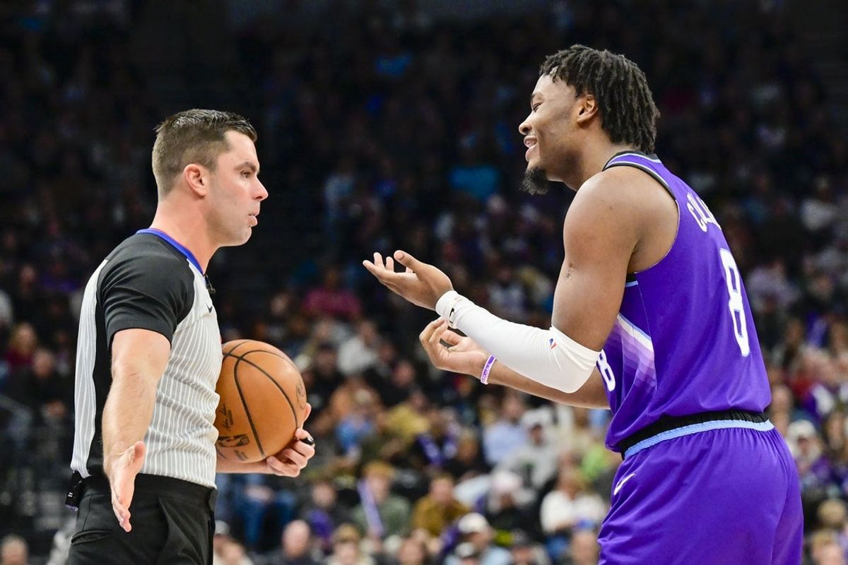 Jan 10, 2026; Salt Lake City, Utah, USA; Utah Jazz guard Isaiah Collier (8) pleads his case for a foul call during the second half against the Charlotte Hornets at Delta Center. Mandatory Credit: Peter Creveling-Imagn Images
