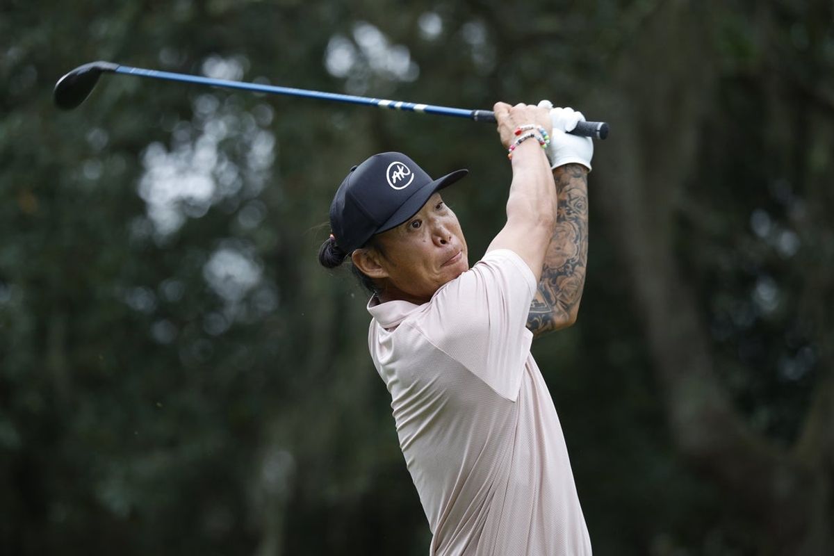 Jan 11, 2026; Lecanto, Florida, United States; Anthony Kim hits from the third tee during the final round of the LIV Golf Black Diamond Ranch golf tournament at Black Diamond Ranch. Mandatory Credit: Jeff Swinger-Imagn Images