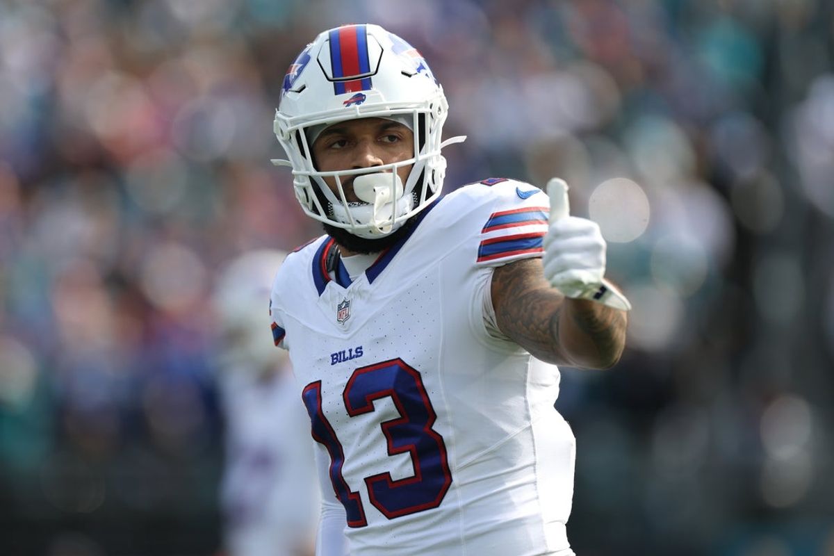 Jan 11, 2026; Jacksonville, FL, USA; Buffalo Bills wide receiver Gabe Davis (13) gestures during the first half against the Jacksonville Jaguars in an AFC Wild Card Round game at EverBank Stadium. Mandatory Credit: Nathan Ray Seebeck-Imagn Images
