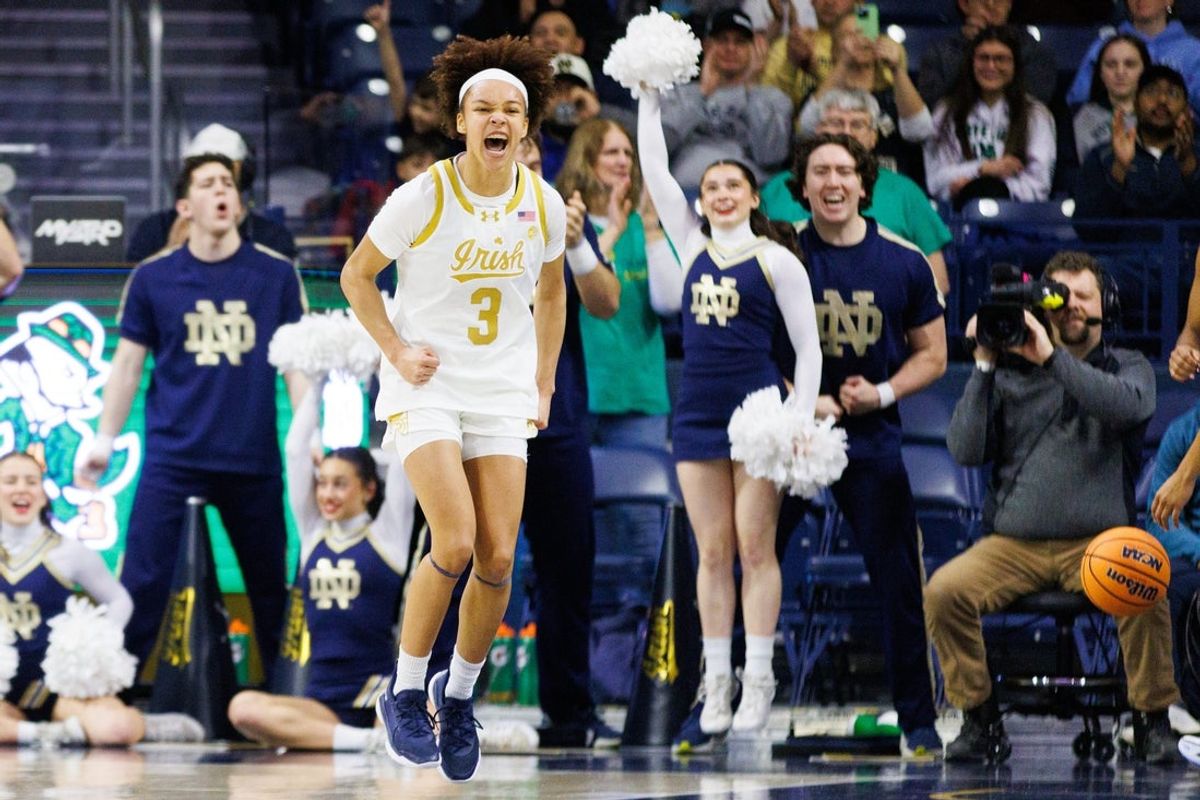 Notre Dame guard Hannah Hidalgo celebrates after making a basket during an NCAA women's basketball game against No. 22 North Carolina at Purcell Pavilion on Sunday, Jan. 11, 2026, in South Bend.