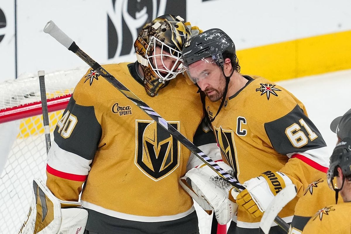 Jan 10, 2026; Las Vegas, Nevada, USA; Vegas Golden Knights right wing Mark Stone (61) congratulates Vegas Golden Knights goaltender Akira Schmid (40) after the Golden Knights defeated the St. Louis Blues 4-2 at T-Mobile Arena. Mandatory Credit: Stephen R. Sylvanie-Imagn Images