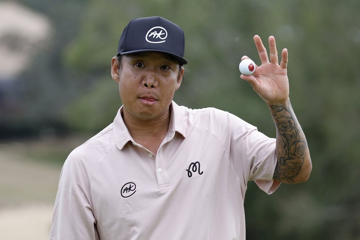 Jan 11, 2026; Lecanto, Florida, United States; Anthony Kim reacts to his third place in the LIV Golf Black Diamond Ranch golf tournament at Black Diamond Ranch. Mandatory Credit: Jeff Swinger-Imagn Images