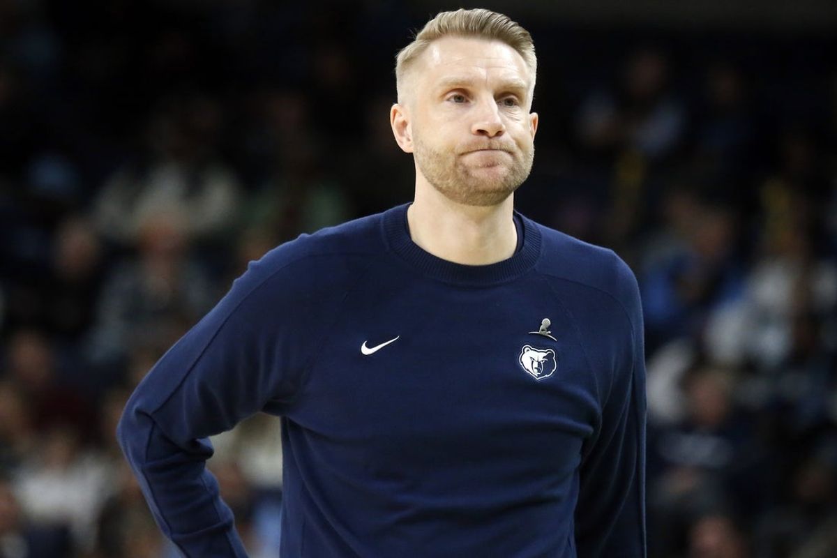 Jan 11, 2026; Memphis, Tennessee, USA; Memphis Grizzlies head coach Tuomas Iisalo reacts during the second quarter against the Brooklyn Nets at FedExForum. Mandatory Credit: Petre Thomas-Imagn Images