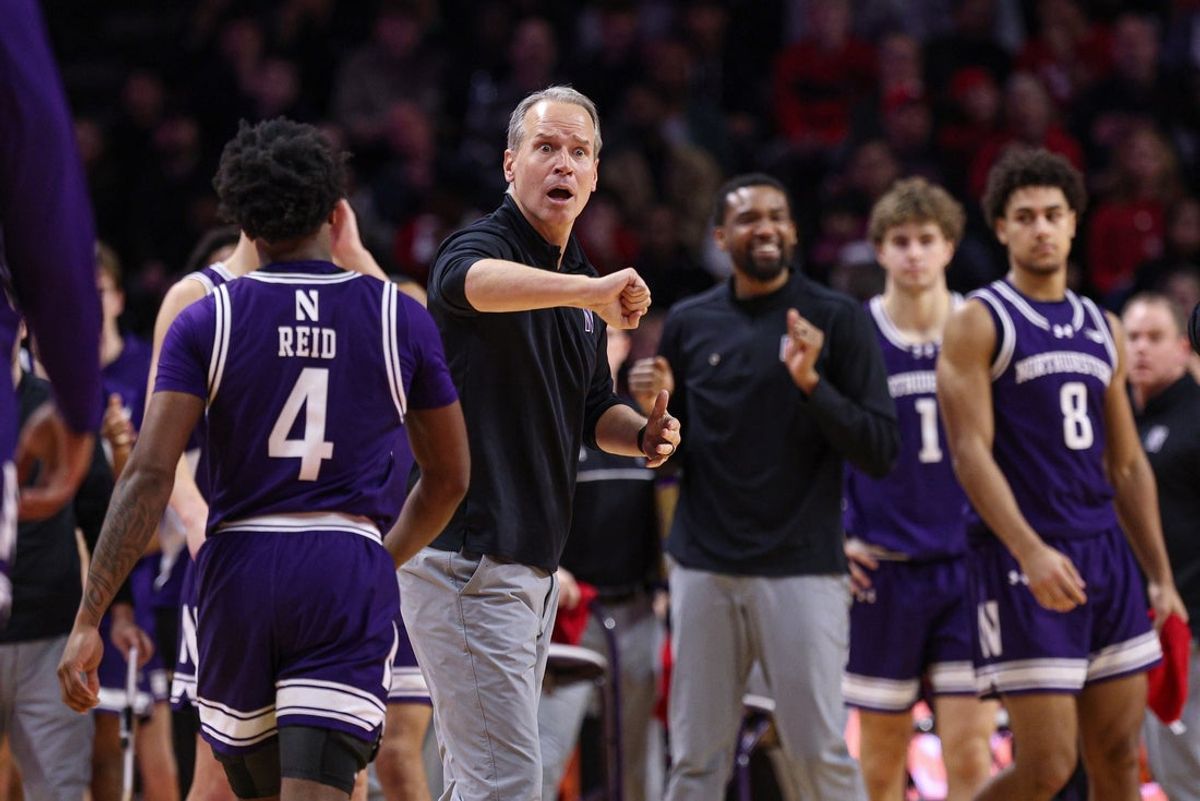 Jan 11, 2026; Piscataway, New Jersey, USA; Northwestern Wildcats head coach Chris Collins reacts after a call during the second half against the Rutgers Scarlet Knights at Jersey Mike's Arena. Mandatory Credit: Vincent Carchietta-Imagn Images
