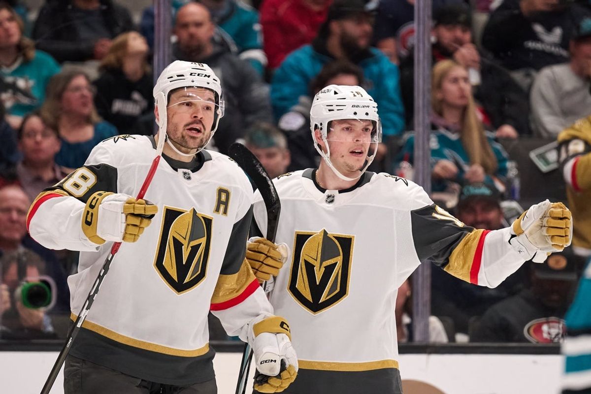 Jan 11, 2026; San Jose, California, USA; Vegas Golden Knights right wing Pavel Dorofeyev (16) reacts with center Tomas Hertl (48) after scoring a goal against the San Jose Sharks during the first period at SAP Center at San Jose. Mandatory Credit: Robert Edwards-Imagn Images