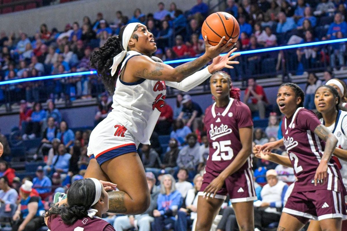 Ole Miss forward Cotie McMahon (32) goes for a layup during a women's college basketball game between Ole Miss and Mississippi State at the Sandy and John Black Pavilion in Oxford, Miss. on Sunday, Jan. 11, 2026.