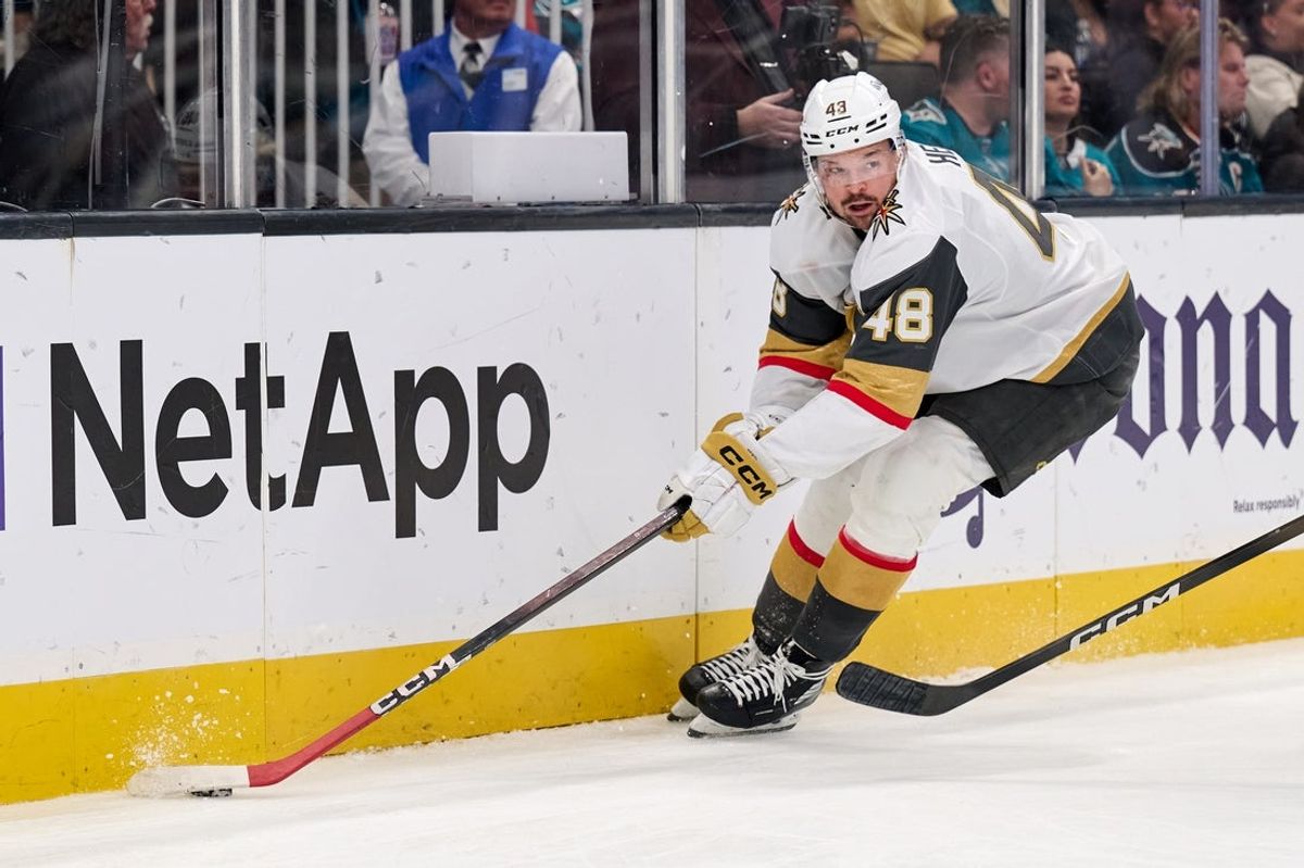 Jan 11, 2026; San Jose, California, USA; Vegas Golden Knights center Tomas Hertl (48) plays the puck against the San Jose Sharks during the third period at SAP Center at San Jose. Mandatory Credit: Robert Edwards-Imagn Images
