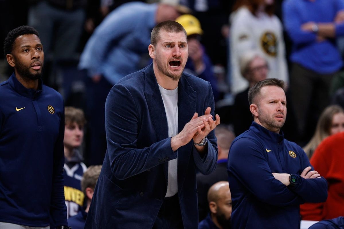 Jan 11, 2026; Denver, Colorado, USA; Denver Nuggets center Nikola Jokic reacts from the bench in the fourth quarter against the Milwaukee Bucks at Ball Arena. Mandatory Credit: Isaiah J. Downing-Imagn Images