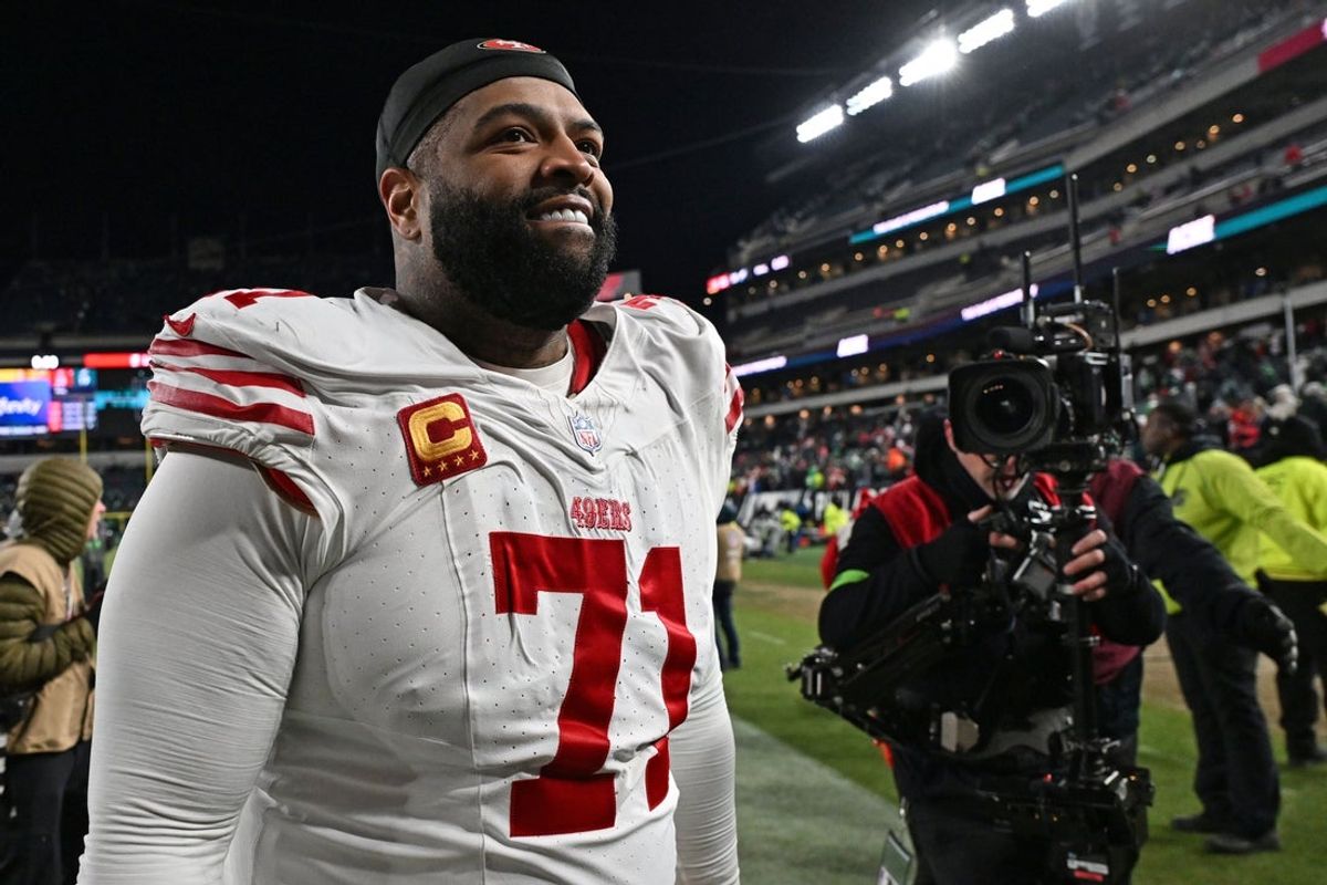 Jan 11, 2026; Philadelphia, PA, USA; San Francisco 49ers offensive tackle Trent Williams (71) walks off the field after win against the Philadelphia Eagles in an NFC Wild Card Round game at Lincoln Financial Field. Mandatory Credit: Eric Hartline-Imagn Images