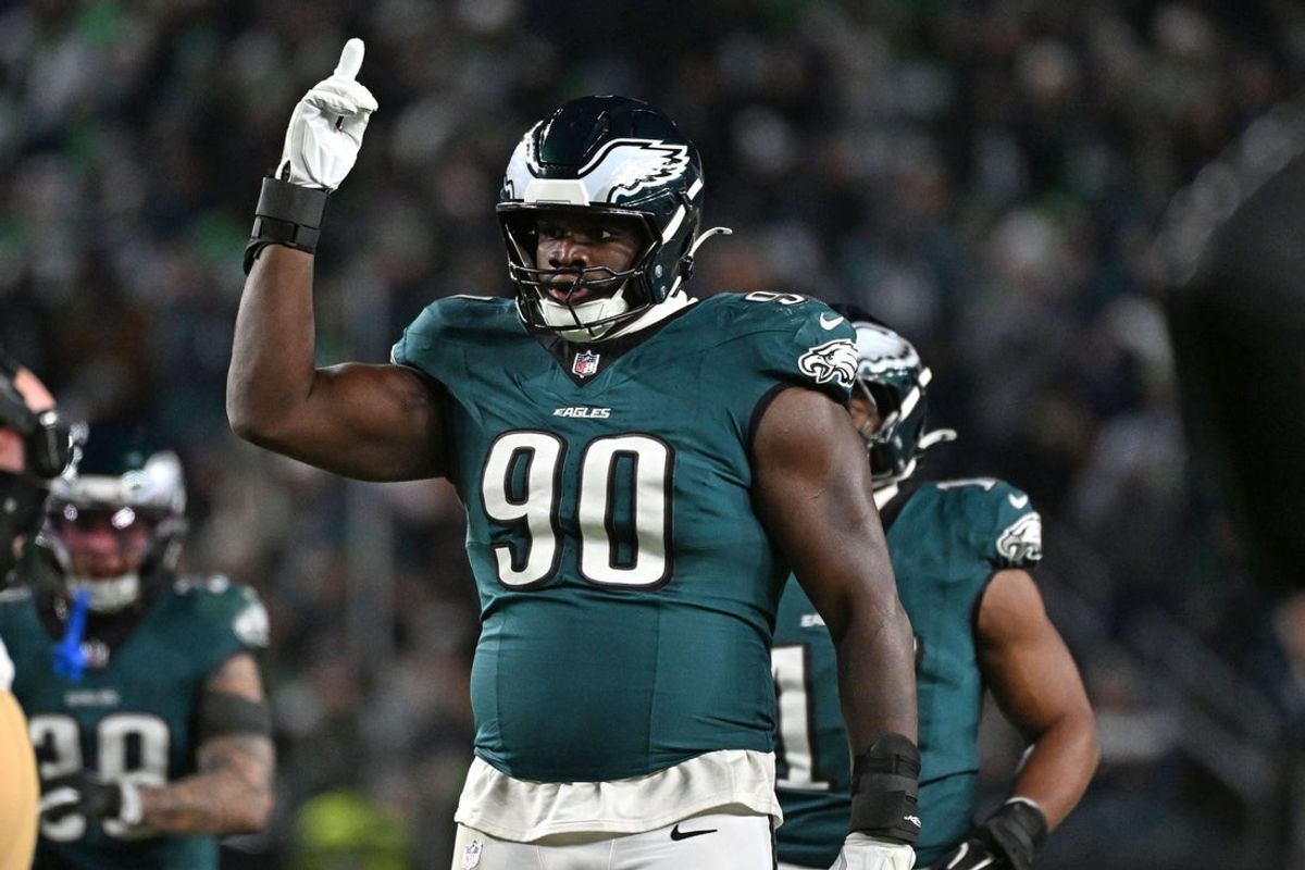Jan 11, 2026; Philadelphia, PA, USA; Philadelphia Eagles defensive tackle Jordan Davis (90) against the San Francisco 49ers  in an NFC Wild Card Round game at Lincoln Financial Field. Mandatory Credit: Eric Hartline-Imagn Images