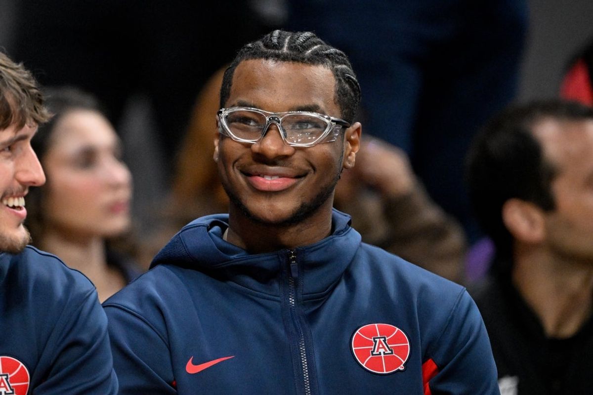 Jan 10, 2026; Fort Worth, Texas, USA; Arizona Wildcats guard Bryce James (6) looks on during the game between the Horned Frogs and the Wildcats at Ed and Rae Schollmaier Arena. Mandatory Credit: Jerome Miron-Imagn Images