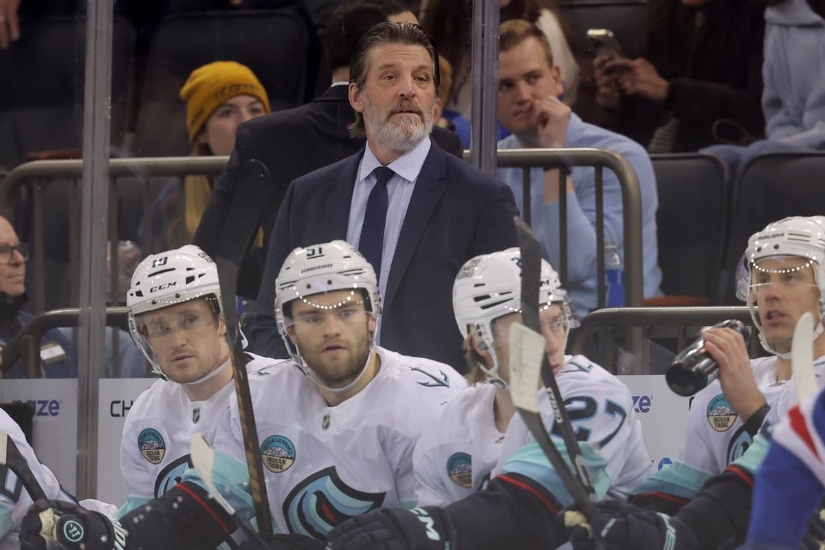 Jan 12, 2026; New York, New York, USA; Seattle Kraken head coach Lane Lambert coaches against the New York Rangers during the first period at Madison Square Garden. Mandatory Credit: Brad Penner-Imagn Images