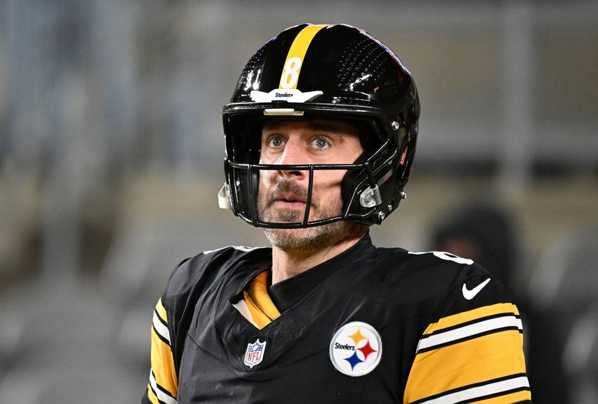 Jan 12, 2026; Pittsburgh, PA, USA; Pittsburgh Steelers quarterback Aaron Rodgers (8) warms up before an AFC Wild Card Round game against the Houston Texans at Acrisure Stadium. Mandatory Credit: Barry Reeger-Imagn Images