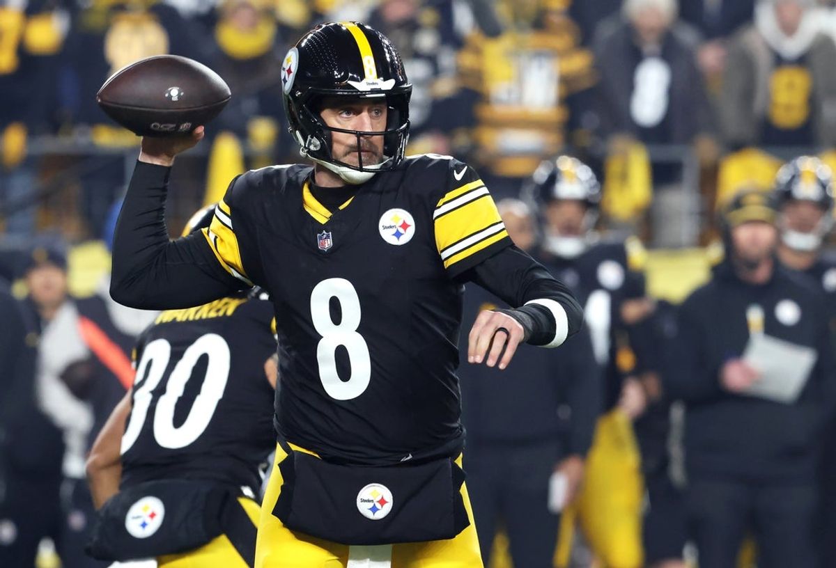 Jan 12, 2026; Pittsburgh, PA, USA; Pittsburgh Steelers quarterback Aaron Rodgers (8) throws during the first half of an AFC Wild Card Round game against the Houston Texans at Acrisure Stadium. Mandatory Credit: Charles LeClaire-Imagn Images