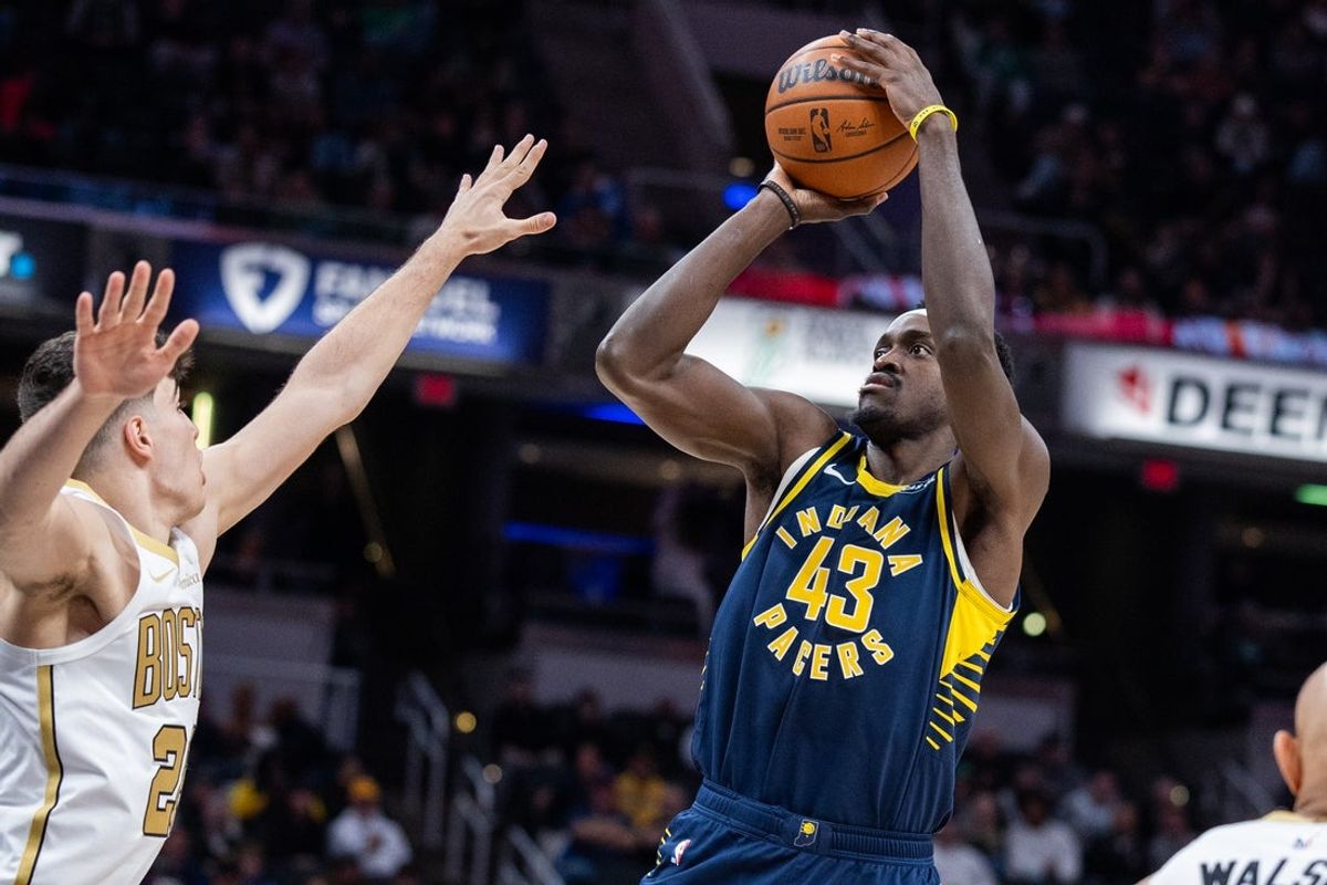 Jan 12, 2026; Indianapolis, Indiana, USA; Indiana Pacers forward Pascal Siakam (43) shoots the ball while Boston Celtics guard Hugo Gonzalez (28)  defends in the first half at Gainbridge Fieldhouse. Mandatory Credit: Trevor Ruszkowski-Imagn Images