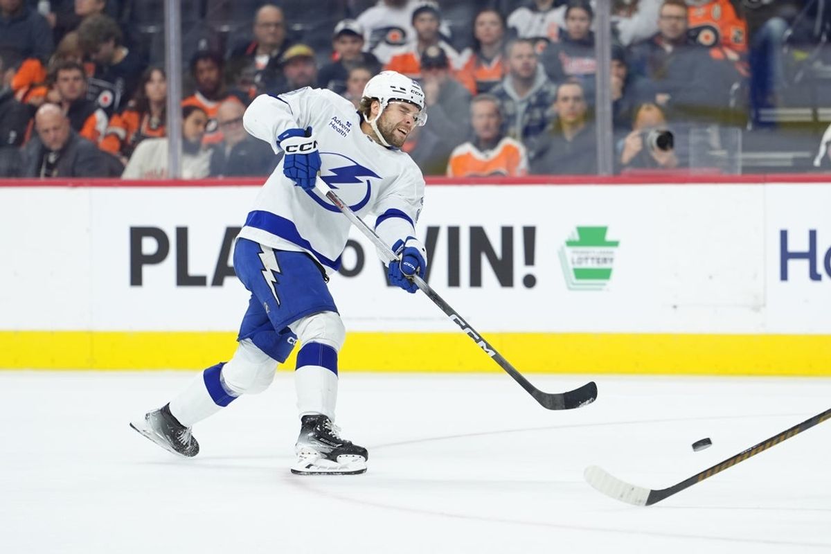 Jan 12, 2026; Philadelphia, Pennsylvania, USA; Tampa Bay Lightning left wing Brandon Hagel (38) shoots and scores a goal against the Philadelphia Flyers in the second period at Xfinity Mobile Arena. Mandatory Credit: Kyle Ross-Imagn Images