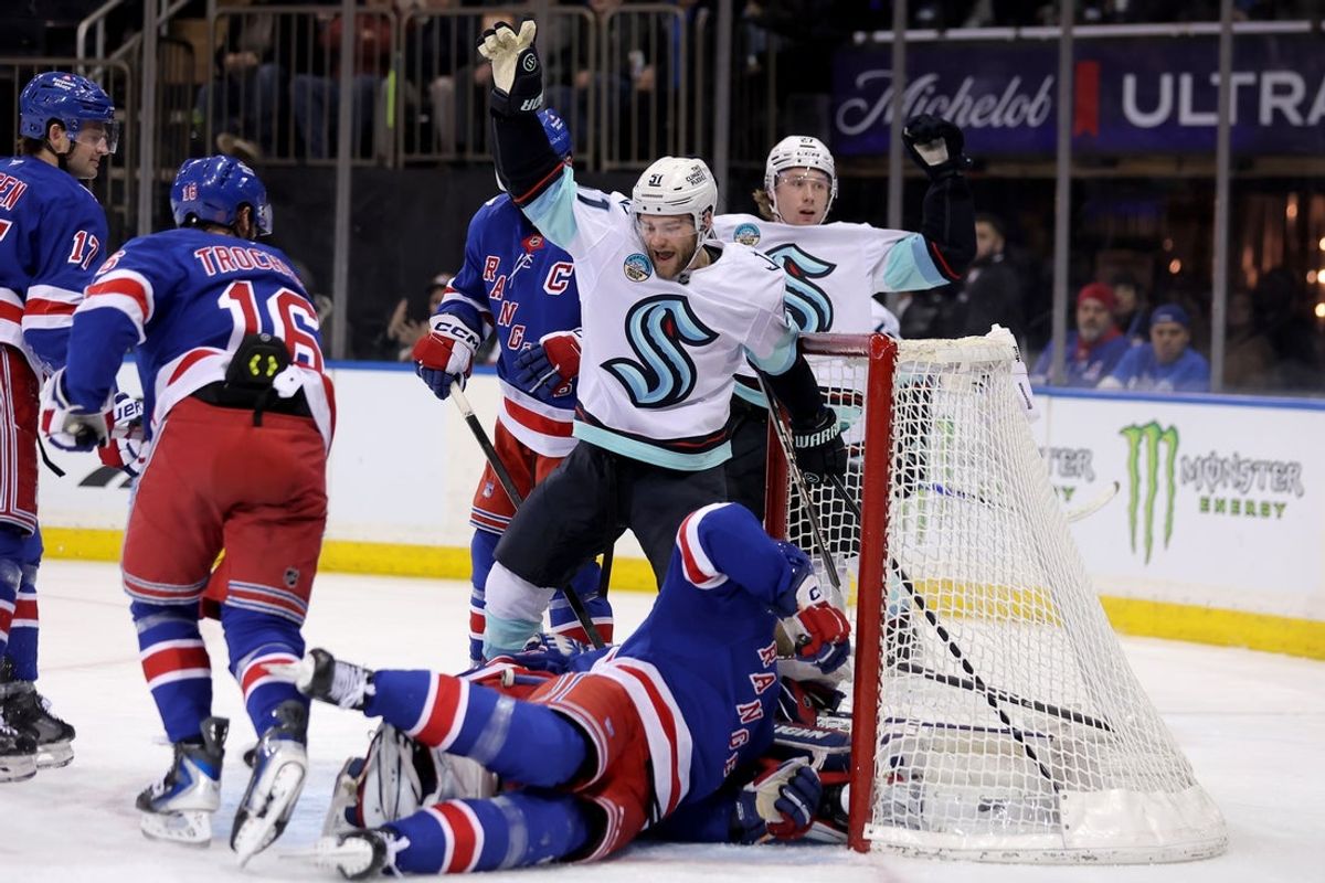 Jan 12, 2026; New York, New York, USA; Seattle Kraken center Shane Wright (51) celebrates the go-ahead goal against the New York Rangers during the third period at Madison Square Garden. Mandatory Credit: Brad Penner-Imagn Images