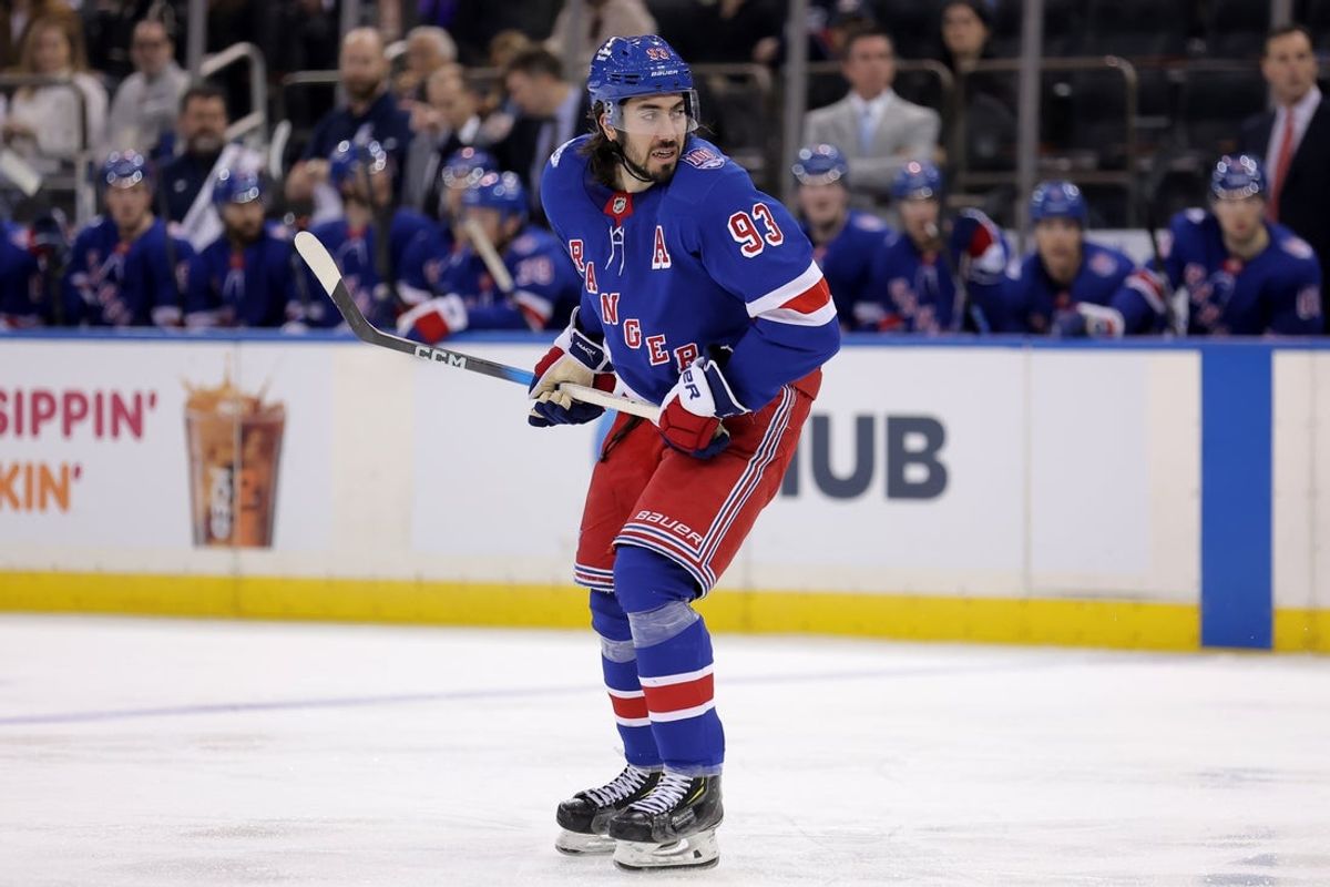 Jan 12, 2026; New York, New York, USA; New York Rangers center Mika Zibanejad (93) skates against the Seattle Kraken during the third period at Madison Square Garden. Mandatory Credit: Brad Penner-Imagn Images