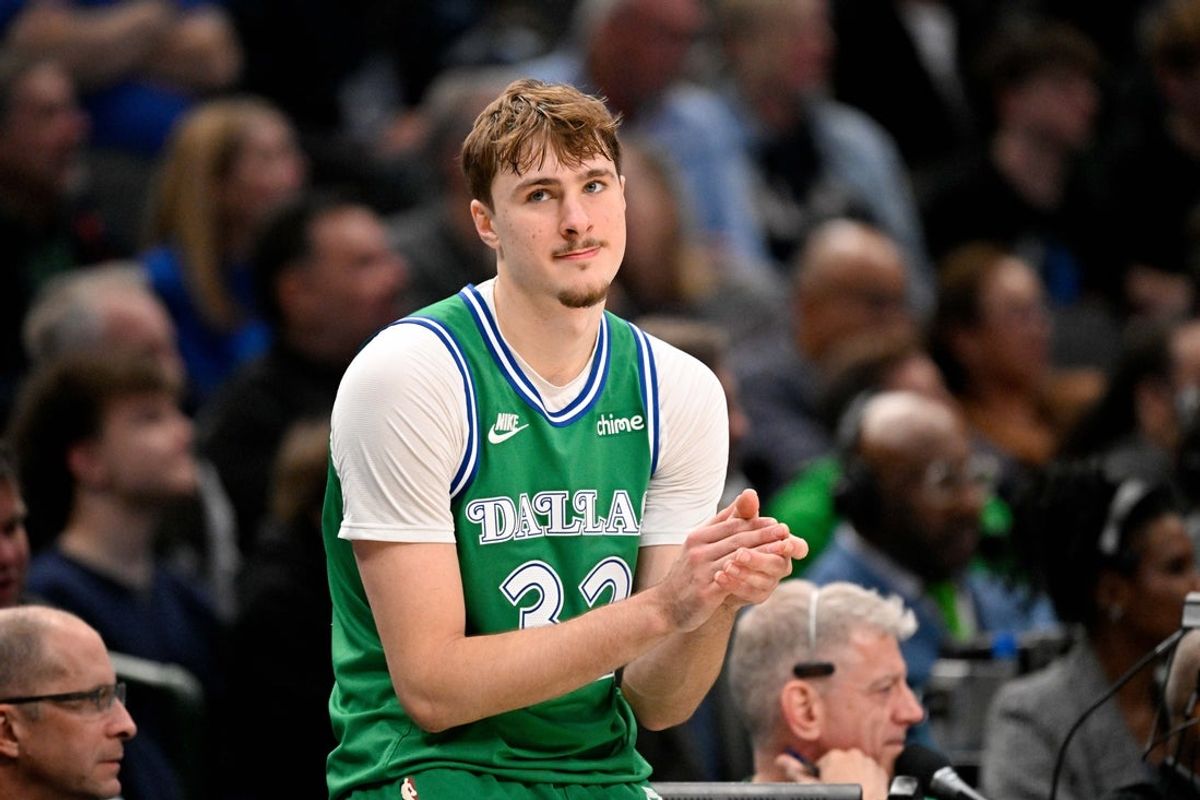 Jan 12, 2026; Dallas, Texas, USA; Dallas Mavericks forward Cooper Flagg (32) looks on during the second half against the Brooklyn Nets at the American Airlines Center. Mandatory Credit: Jerome Miron-Imagn Images