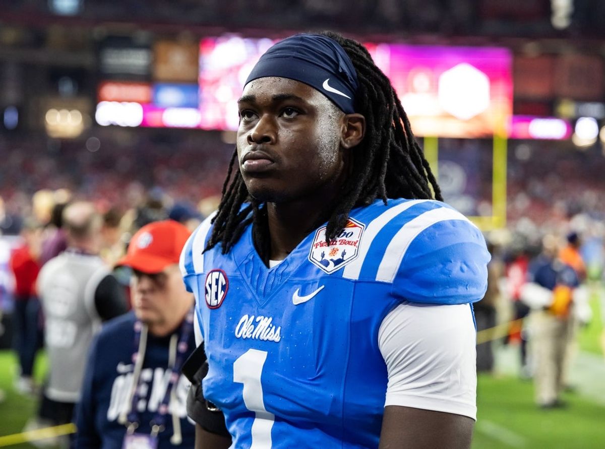 Jan 8, 2026; Glendale, AZ, USA; Mississippi Rebels linebacker Princewill Umanmielen (1) against the Miami Hurricanes during the 2026 Fiesta Bowl and semifinal game of the College Football Playoff at State Farm Stadium. Mandatory Credit: Mark J. Rebilas-Imagn Images