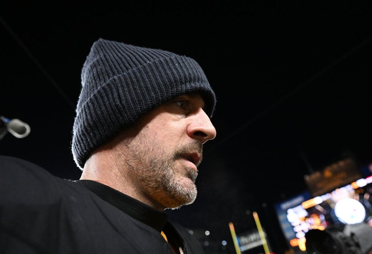 Jan 12, 2026; Pittsburgh, PA, USA; Pittsburgh Steelers quarterback Aaron Rodgers (8) leaves the field following an AFC Wild Card Round loss to the Houston Texans at Acrisure Stadium. Mandatory Credit: Barry Reeger-Imagn Images