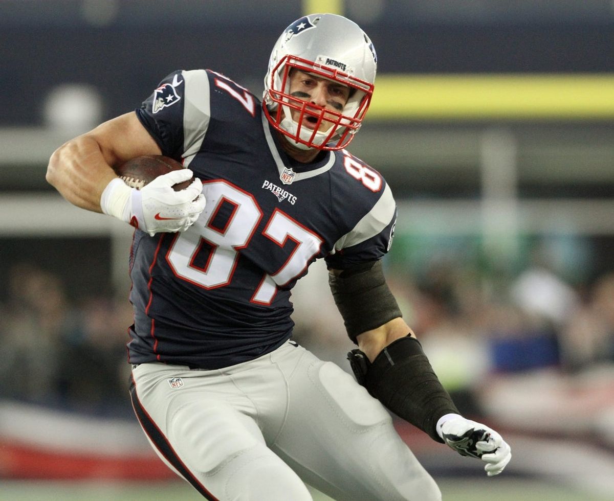 Friday, January 15, 2016 Foxboro, MA The Providence Journal/Bob Breidenbach New England Patriots host the Kansas City Chiefs in an AFC Divisional Playoff at Gillette Stadium. Patriots tight end #87 Rob Gronkowski gains yards after a catch in the 1st half. The Providence Journal/Bob Breidenbach